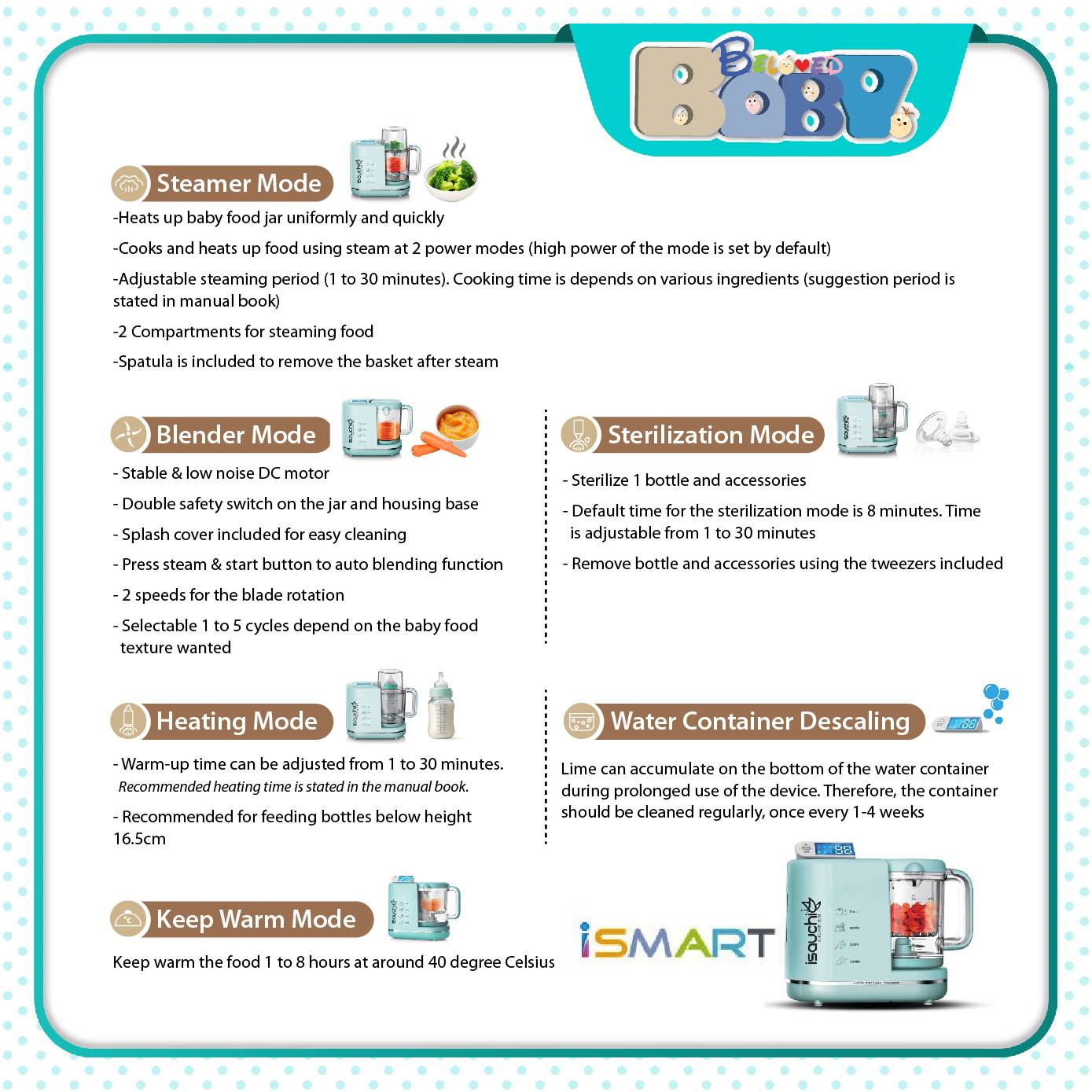 Isa Uchi iSMART 6 in 1 Function Baby Food Processor (with Free Gift)